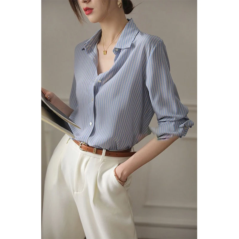 Women Striped Shirts Fashion Korean Long Sleeve Basic Chiffon Blouses Summer Office Ladies Elegant Loose All Match Chic Tops New