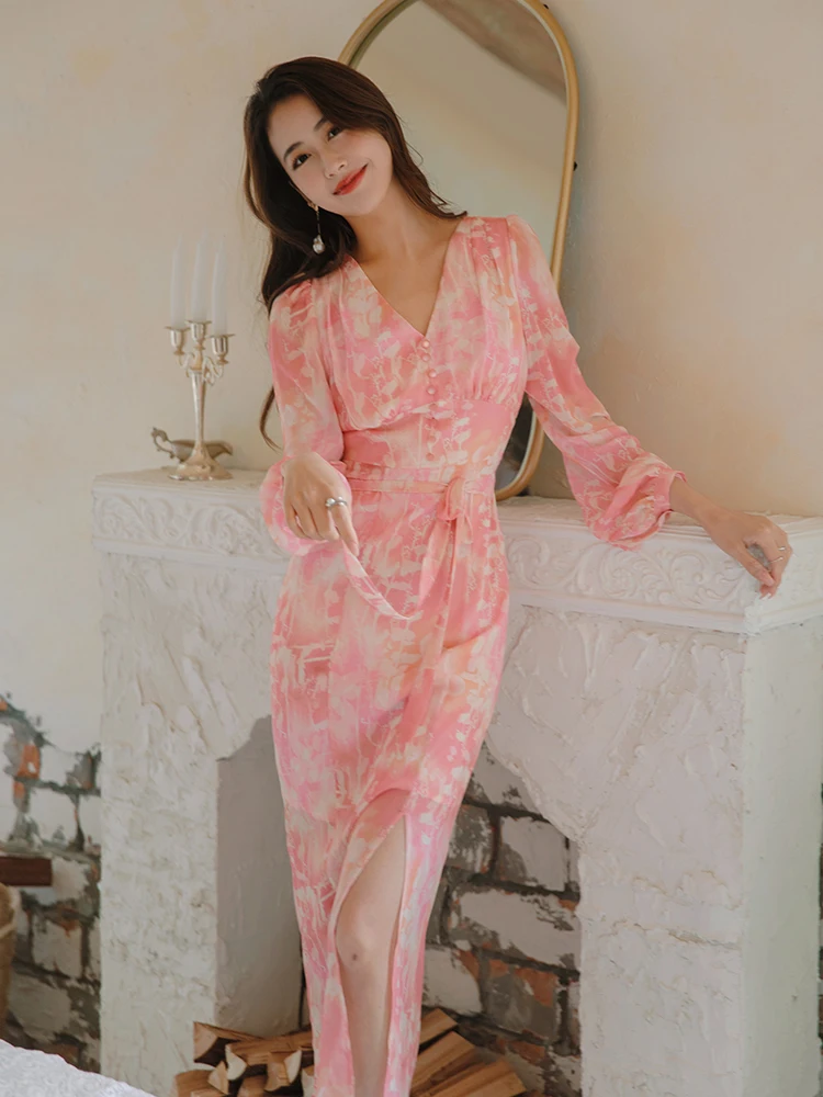 

ReVe Haute Couture Long Sve V-Ne Dr с высокой талией, миди-трапеция, асимметричный подол, уличный рукав, весна 2023, весна