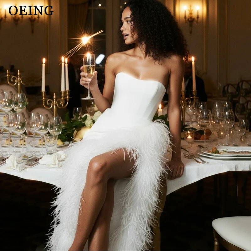 

OEING Sexy Mermaid Prom Dresses Satin Strapless Features Side Slit Birthday Party Dresses Gala Women vestidos Customized