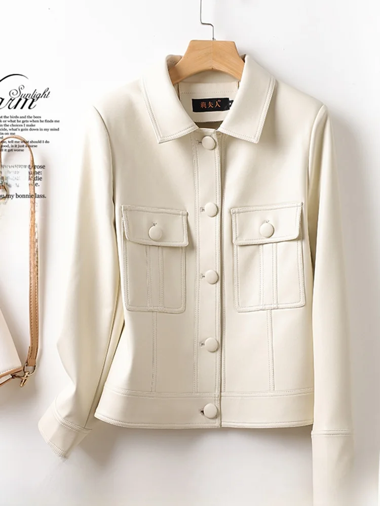 Real Leather Biker Jaet Women's ort Sle Faion Slim Fit White Small Coat Spring Autumn Seasonal Genuine eepskin