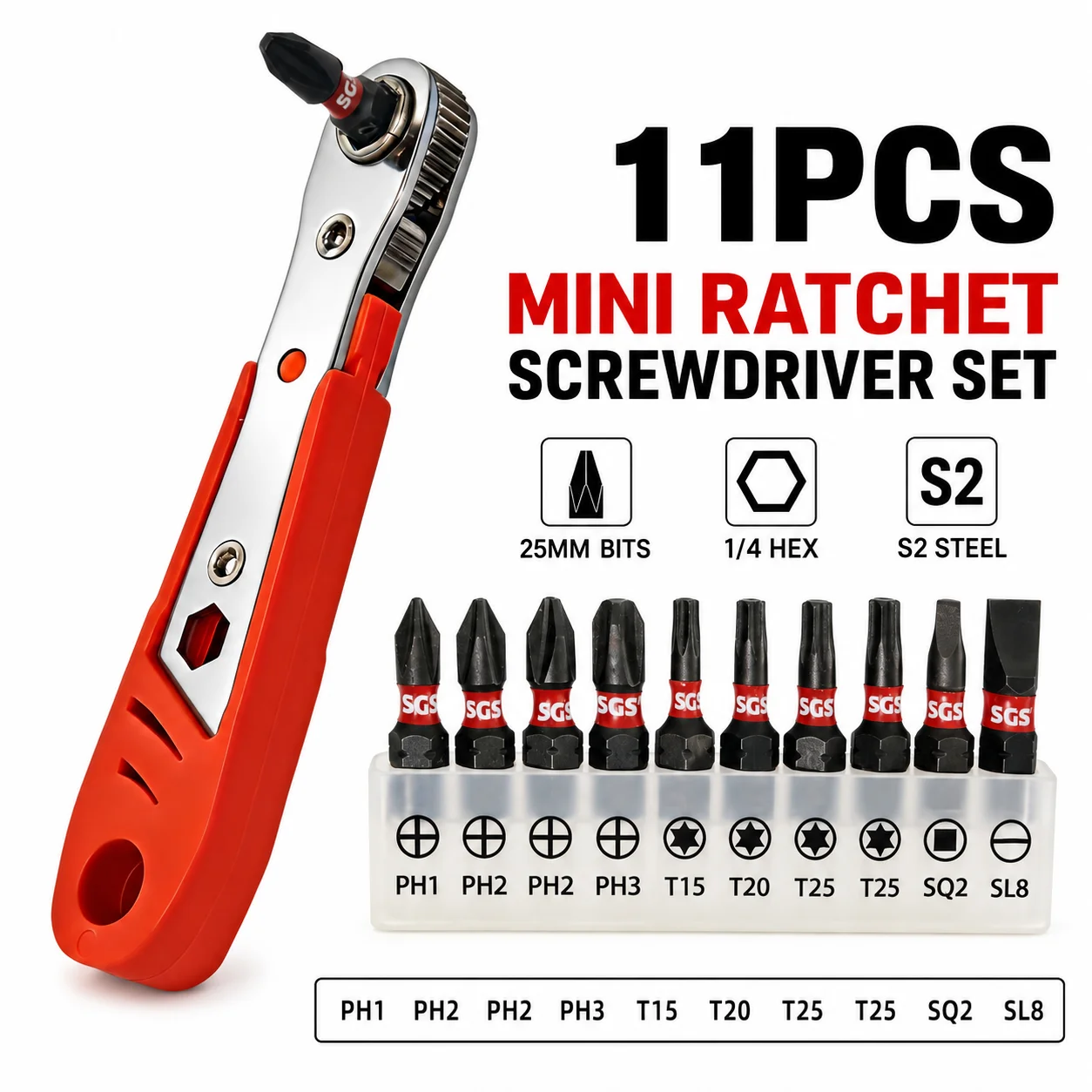 11PCS Mini Ratchet Screwdriver Set, 1/4 Inch Reversible Right Angle Wrench with 25mm S2 PH Torx SQ2 Slotted Bits for Cabinet Bike Repair