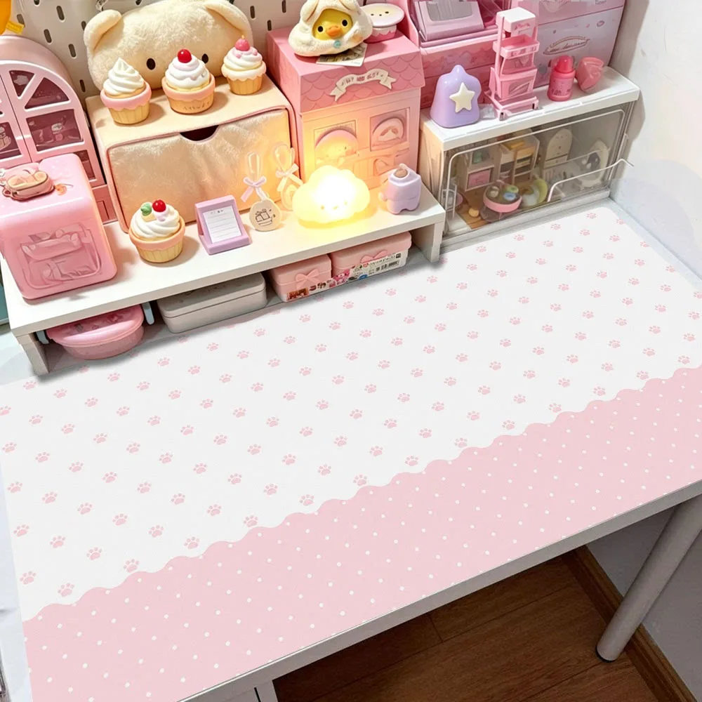 Full Screen Polka Dots Kitten Puppy Paw Y2K INSPU Leather Desk Pad Protector Mouse Pad Office Desk Mat Non-Slip Desk Blotter Pad