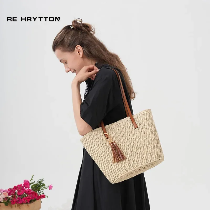 Bolso Tote de Paja con Flecos, Cesta Tejida a Mano, Gran Capacidad, Bolso de Playa para Vacaciones para Mujer