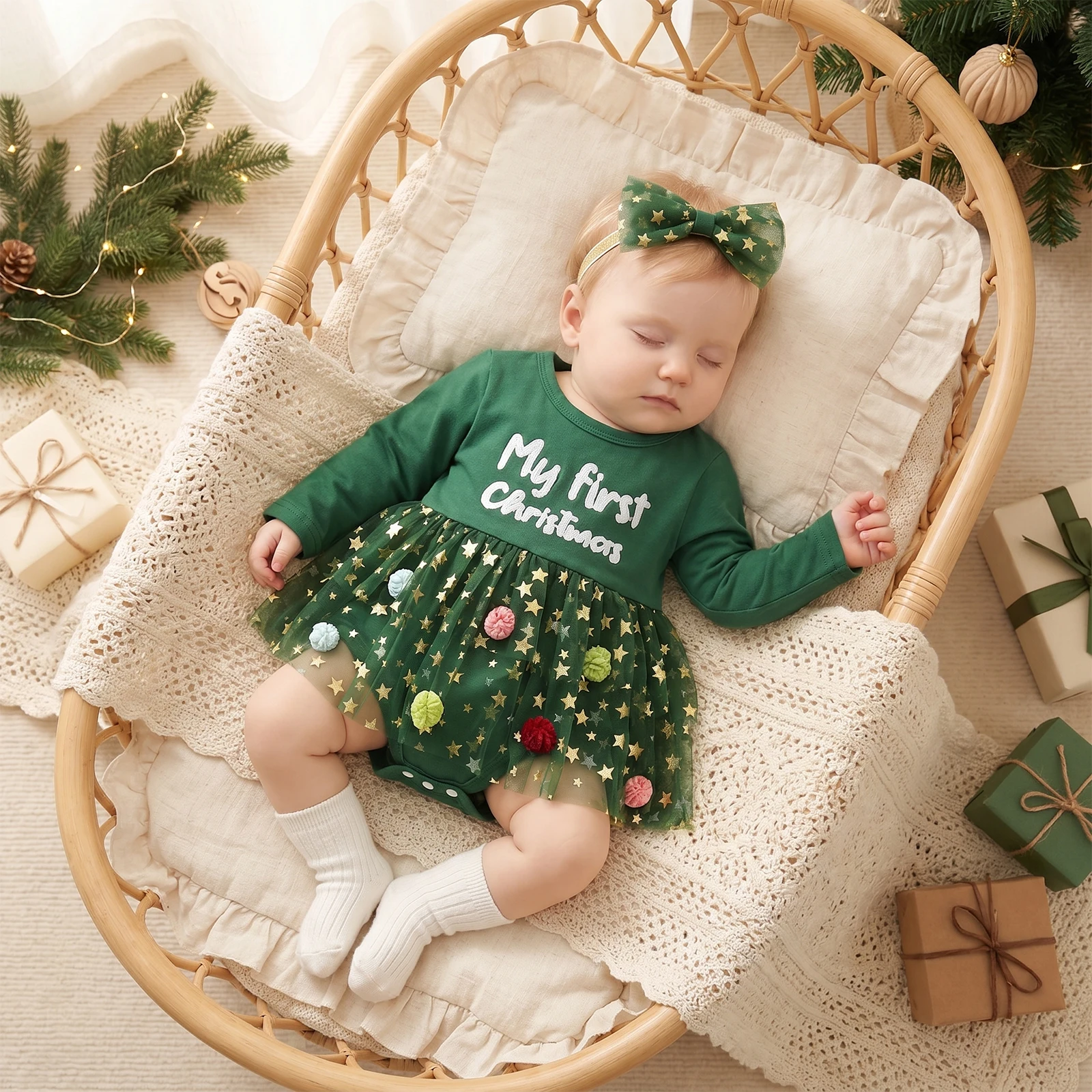 Baby Girl Christmas Outfits Letter Embroidered Star Long Sleeve Tulle Mesh Romper Dress Bow Headband 2 Piece Set