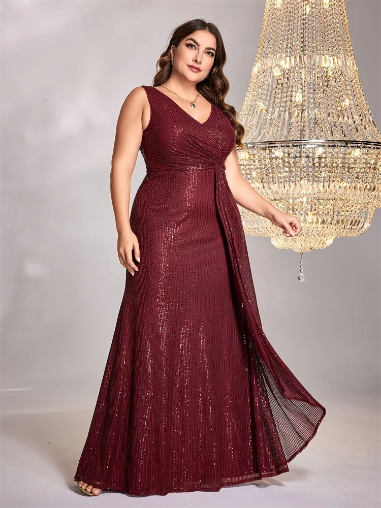 XUIBOL-Robe de Soirée Longue à Paillettes pour Femme, Col en V, Maxi, Cocktail, Bal, Mariage, Grande Taille, Élégante, 2024