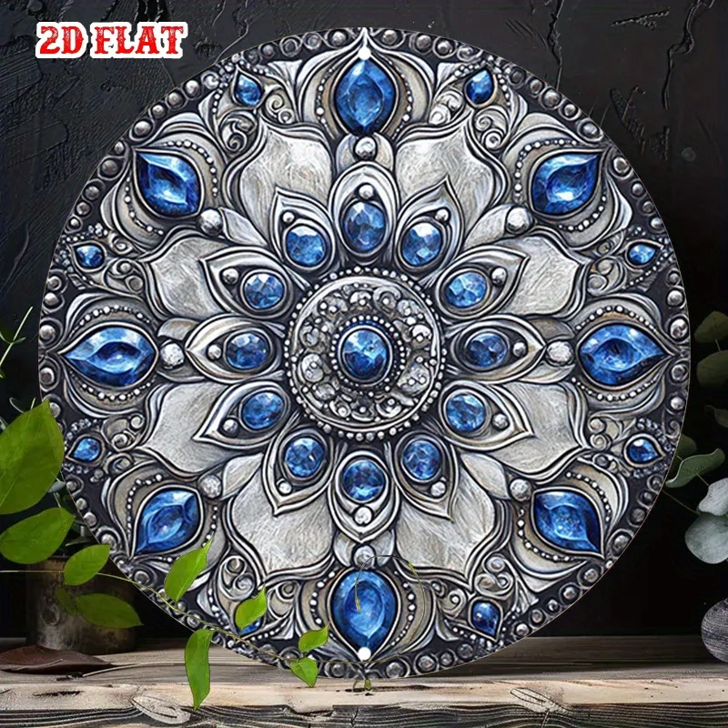 2D Flat Retro Tin Sign - Silver Wire Inlaid Brooch With Blue Teardrop Gems | Round Mural, Suitable For Tea House, Loggia Or Livi