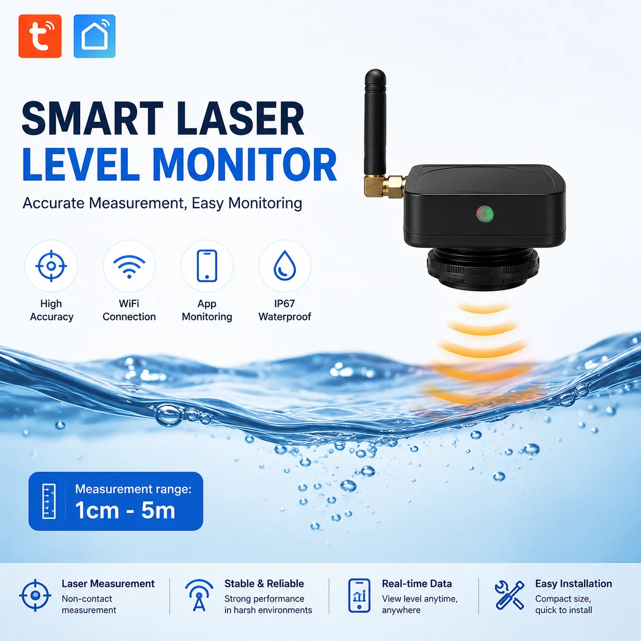 5m Tuya WiFi Laser Liquid Level Sensor, Water Tank Detector, Low Power Consumption & App Alarm for IoT Applications