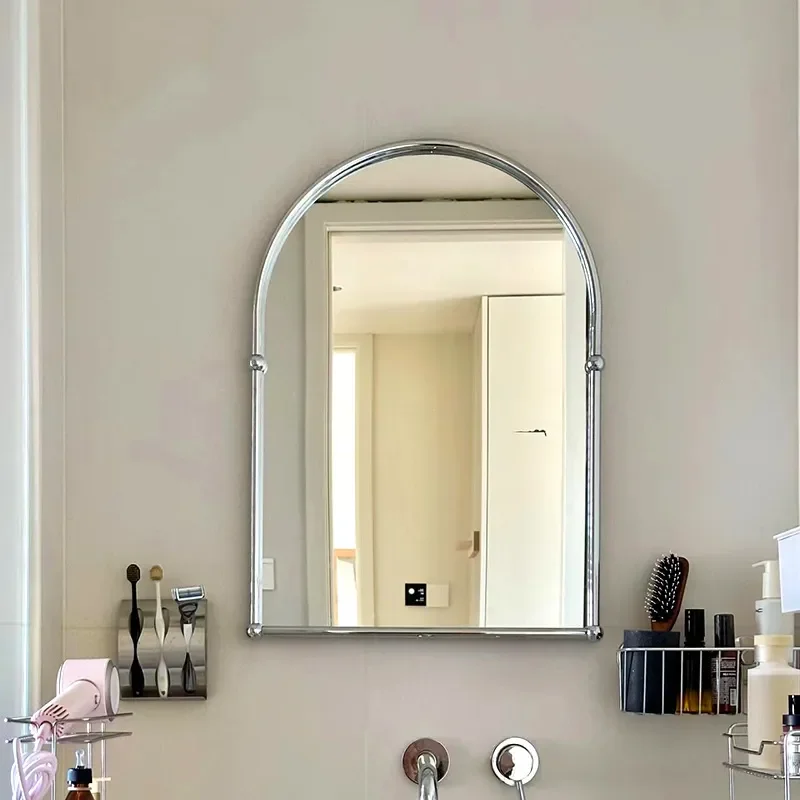 French Retro Arch Wall Mirror for Bathroom Simple Stainless Steel Decorative Makeup Mirror for Toilet Medium Size Ancient