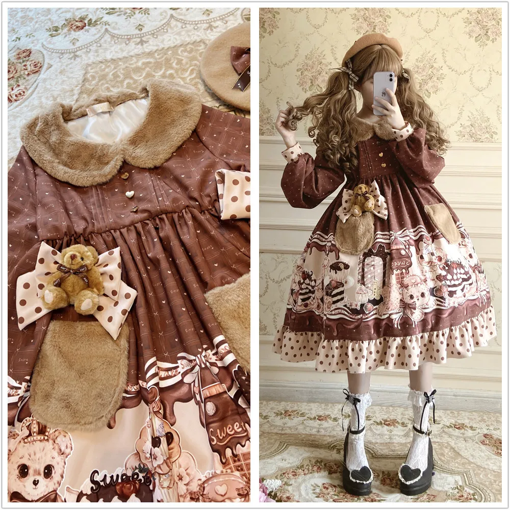 Lolita Autumn Winter Bobo Bear Teddy Retro Color Matching Warm Long-sleeved  Peter Pan Collar High Waist Victorian Dress Cos