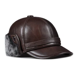 2023 Winter Men's Hat Thicken Real Leather Sheepskin  Baseball Caps With Ears Warm Snapback Dad's Hats Bomber