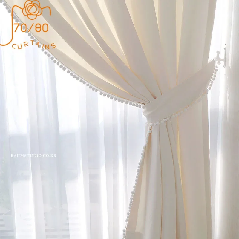 Girly Style Pure White Beige Cotton and Linen Tassel Curtains for Living Room Bedroom Balcony Customized Finished Product