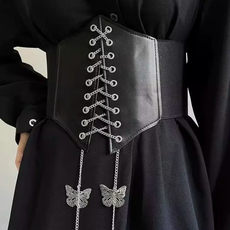 Женский модный корсет с широким поясом из искусственной кожи, эластичный пояс для похудения, цепочка с бабочками, готическое платье, универсальные пояса