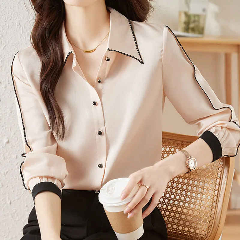 Women\'s Clothing Commute Solid Color Blouse 2024 Spring Autumn Single-breasted Stylish Lapel Korean Bright Line Decoration Shirt