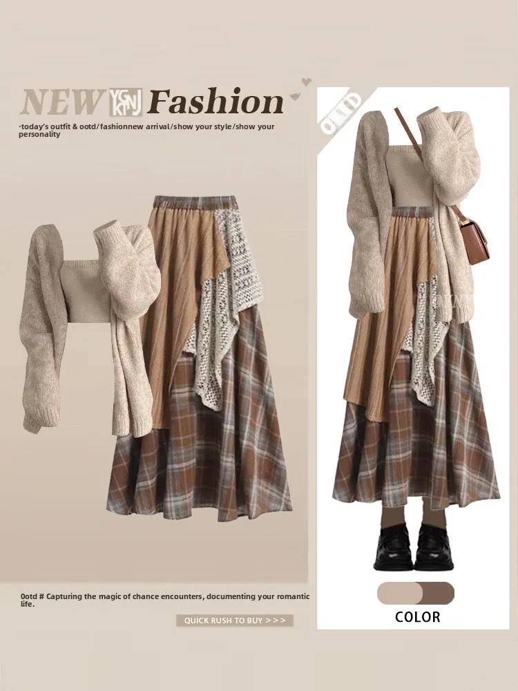 Faionable – ensemble Cardigan tricoté superposé avec bretelles de gilet, jupe joie, t-pièce, tenue décontractée d'automne pour femmes