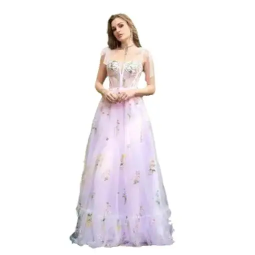 ชุดราตรีผู้หญิงลายดอกไม้ยาวแบบผูกเอวสูง 5 แขน เหมาะสำหรับงานปาร์ตี้