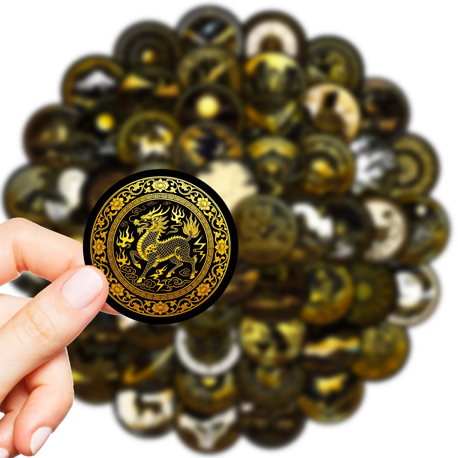 10/30/56 szt. Nowe czarno-złote naklejki z motywem niebiańskim, kreskówkowymi graffiti, okrągłe, z czarnymi krawędziami, kreatywne, personalizowane naklejki dekoracyjne ‌