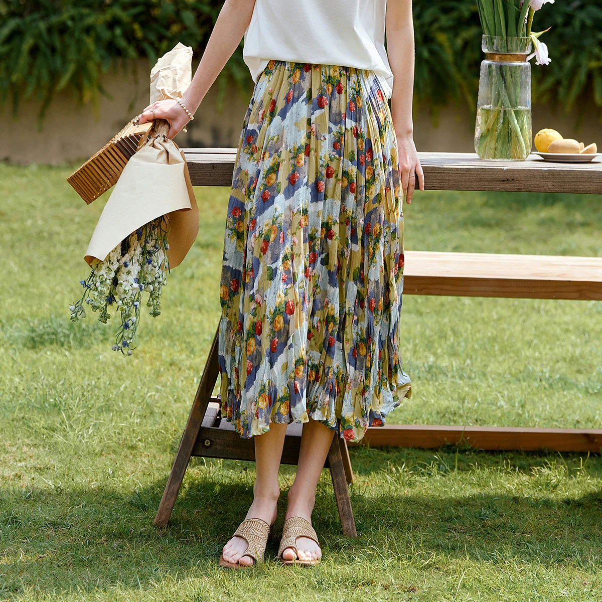 OLrain Women's French Vacation Skirt Summer 2026 Lady Prairie Chic Floral Oil-Print Elastic Waist Pleated Midi Skirts O58XB99512