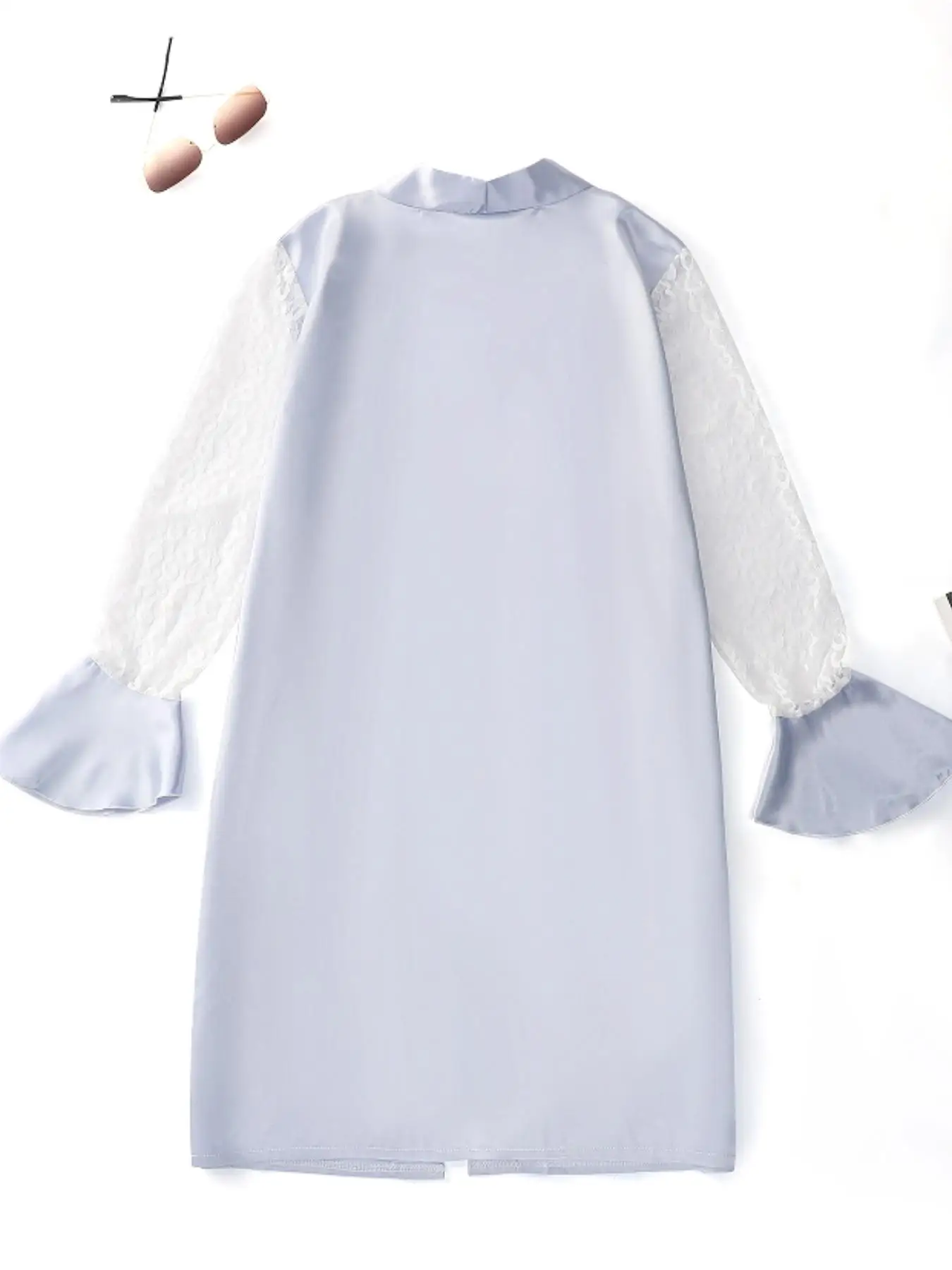 Washed Blue Solid Color Satin Lace Long Sleeve Flared Cuffs Sexy Women's Robe