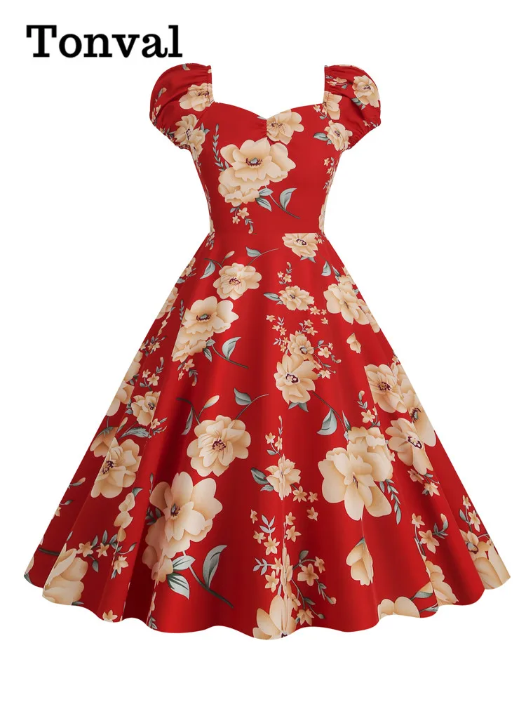 Tonval-Robe à imprimé floral pour femme, col en cœur, style vintage, taille haute, rétro, soirée élégante, été