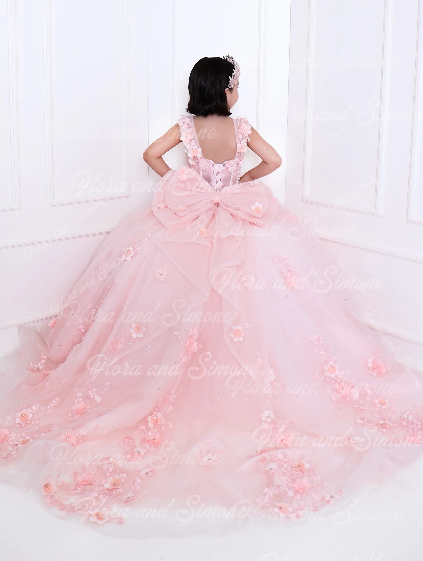 فستان فتاة الزهور الأرجواني ثلاثي الأبعاد لحفلات الزفاف بدون أكتاف لؤلؤ فاخر من التول للأطفال أول فستان حفلة عيد ميلاد إفخارستيا #4