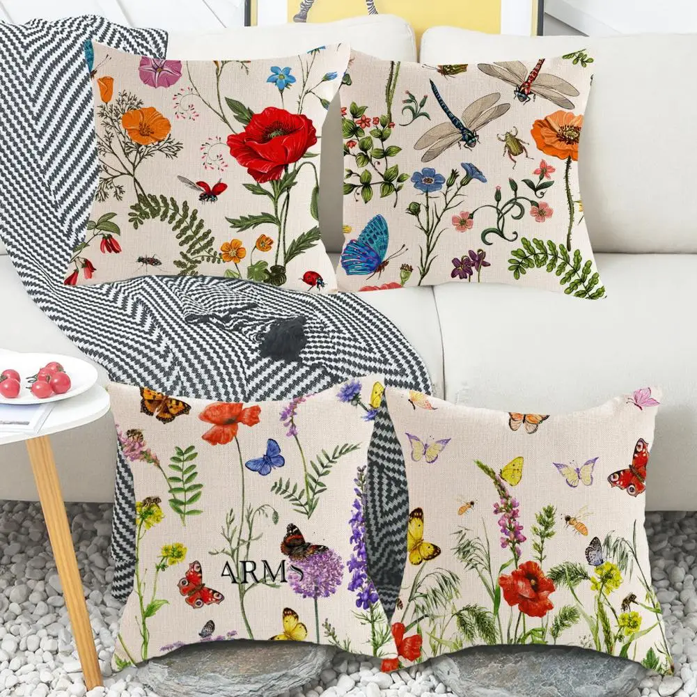 Machine Washable Pillow Cover Flower Butterflies Print Colorful Flower Cushion Cases Decorative Pillow for Home for Bedroom