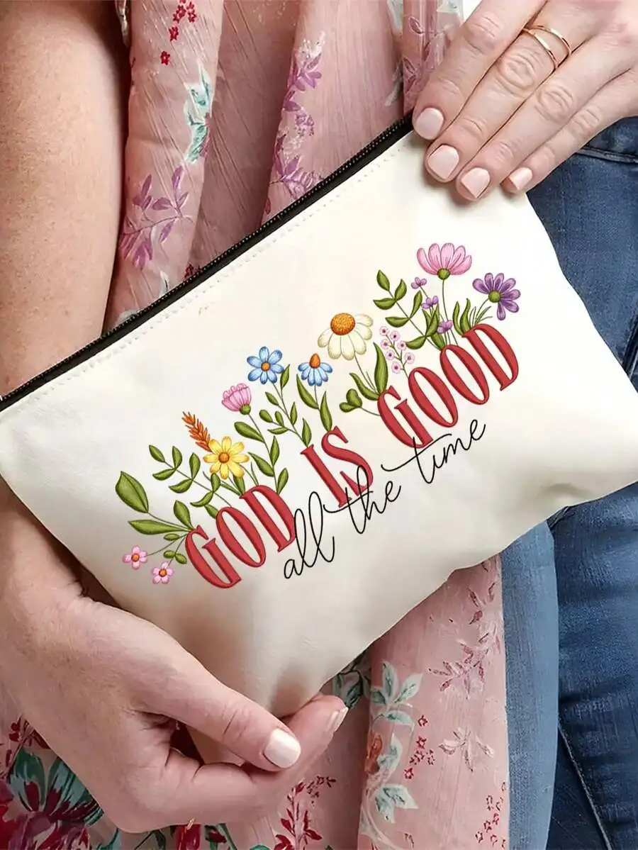 

1pc Inspirational Christian Makeup Bag | "God Is Good" Religious Colorful Print Bible Verse Cosmetic Pouch | Zipper Portable Mul