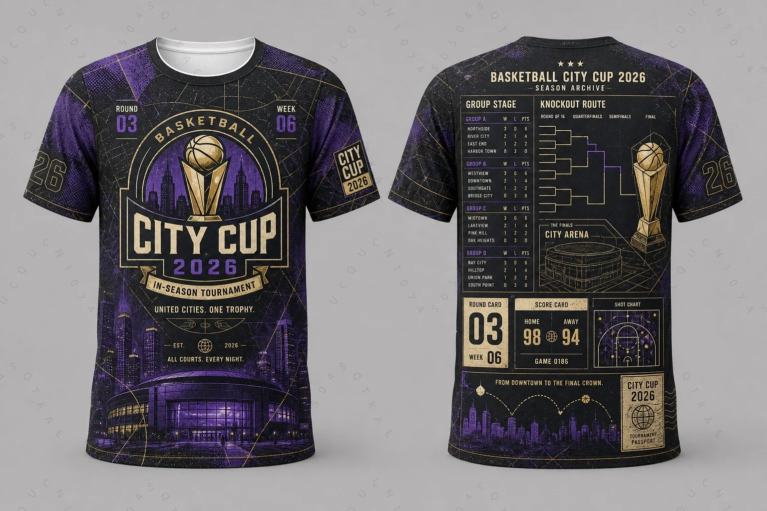 Men Basketball City Cup 2026 T-Shirt Print Tournament Bracket Graphic Tee Vintage Purple Gold Streetwear Sports Parent Child Top