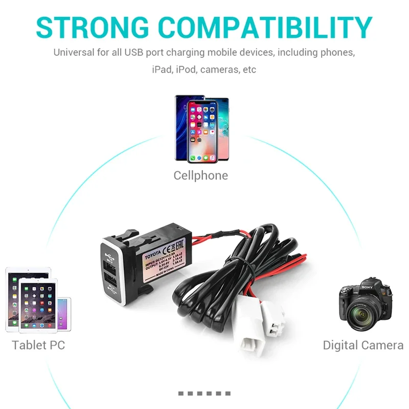 USB-C Car Charger, featuring dual USB fast-charging ports with Type-C PD and QC3.0 With Blue and Red LED Indicators for Toyota