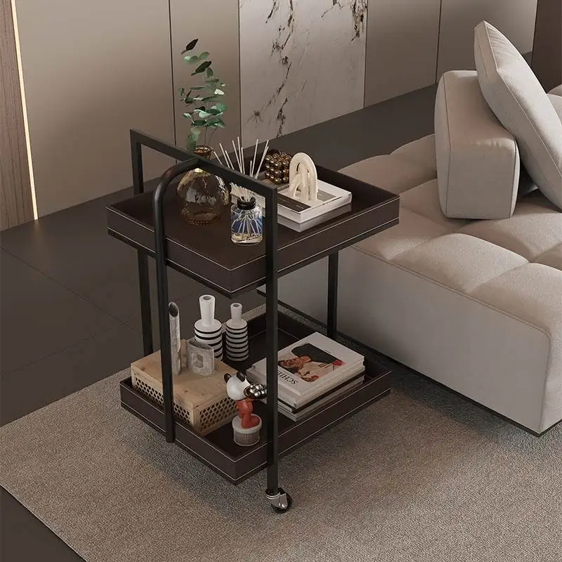 Italian Luxurious Leather Sofa Trolley Barbershop Beauty Nail Art Movable Storage Shelf Beverage Dining Cart Salon Furniture FYS