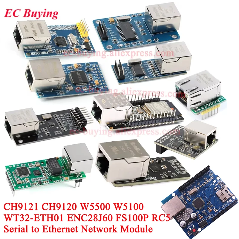 Serial to Ethernet Network Module CH9121 Mini ENC28J60 W5500 RC5 WT32-ETH01 FS100P LAN8720 CH9120 XL9120 W5100 R3 STM32 Board
