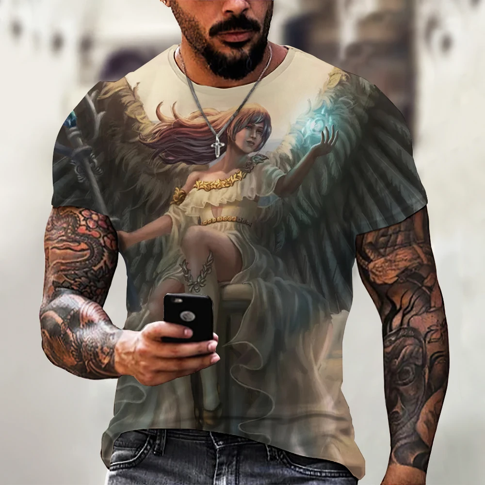 Men\'s Vintage T-shirt 3D Angel Print Sports Casual T-shirt Short Sleeve Top T-shirt Men\'s Street Clothing Oil Painting Style Top