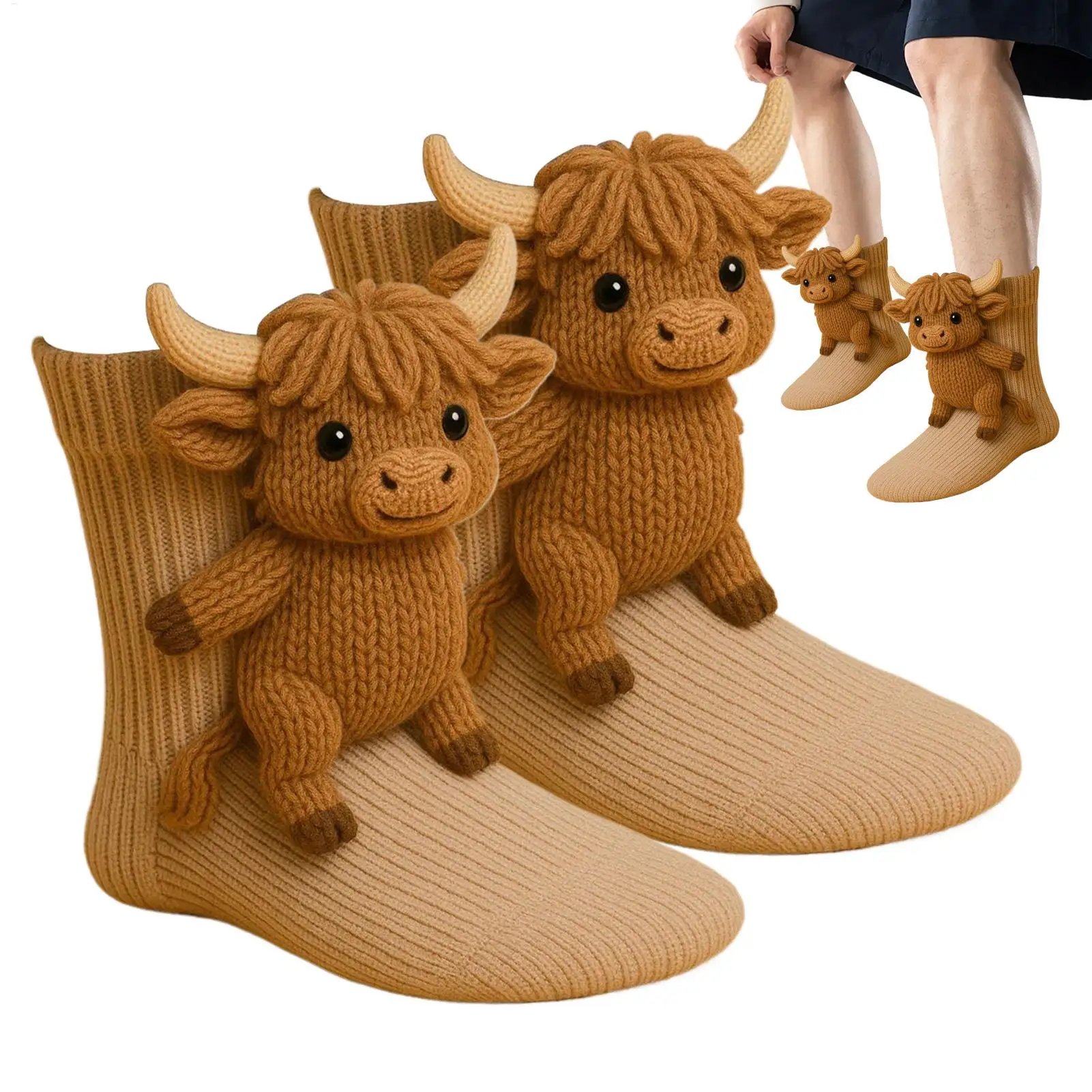 3D-Strick-Tiersocken, 3D-Cartoon, Jyora/Waschbär/Hochlandkuh/Koala/Kaninchen/Panda, gestrickte Socken, gehäkelte Wintersocken, süße Socken