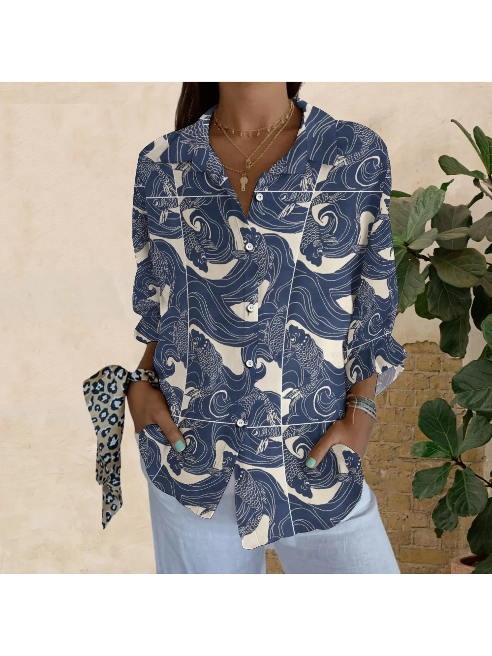 Retro Women's Fashion Casual Shirt V-Neck Loose Fish Pattern Chic Printed Long-Sleeved Shirt New High-Quality Top Street Wear