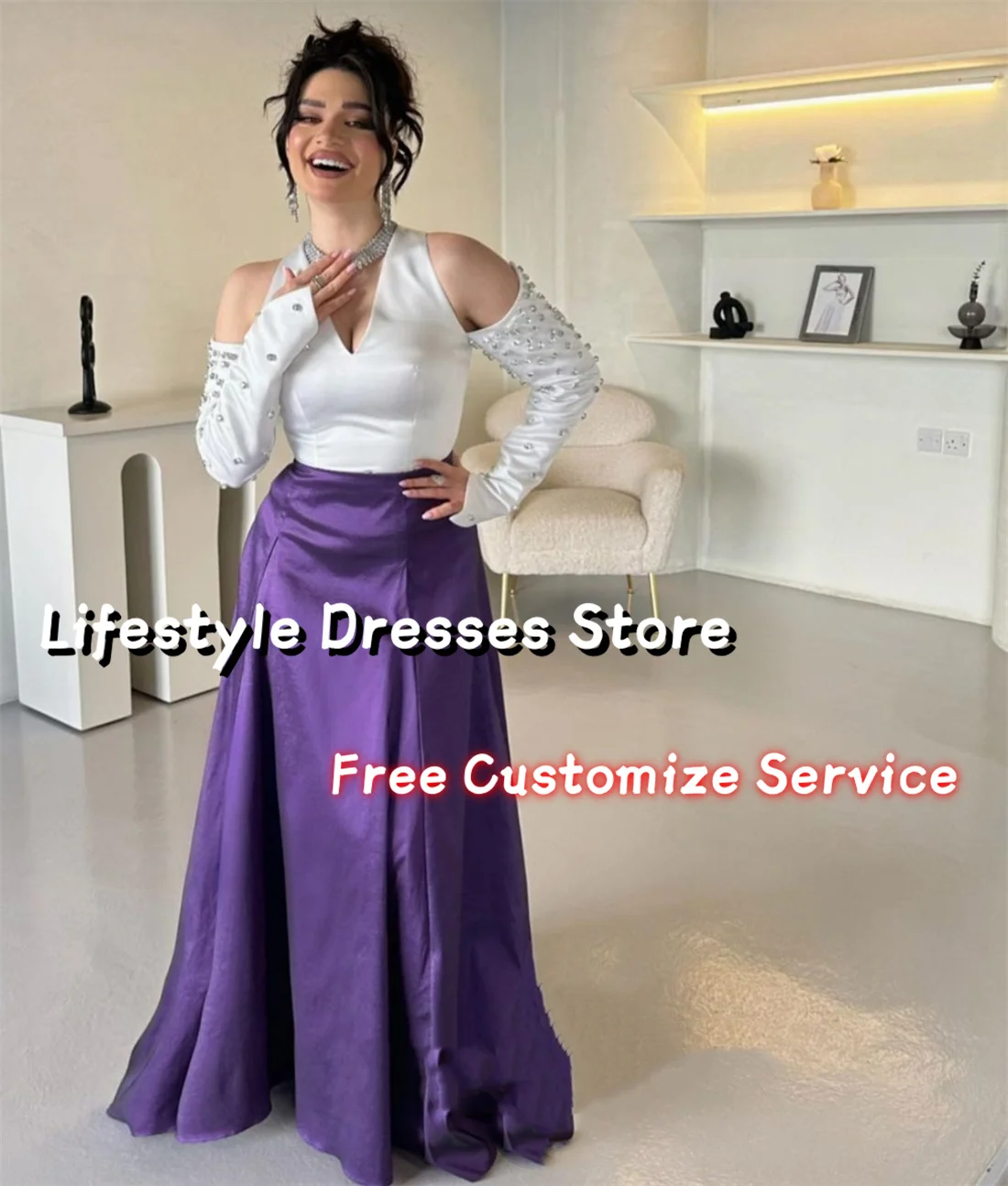 

Arabia Fashion Purple Evening Dresses For Women Rhinestone Long Sleeves V-neck Party Dress Prom Gowns Formal Dress