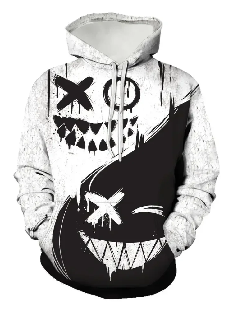 Men's Hoodie 3D Print Black White Split Smiley Face Graffiti Hooded Sweatshirt Oversized Streetwear Pullover for Men Women