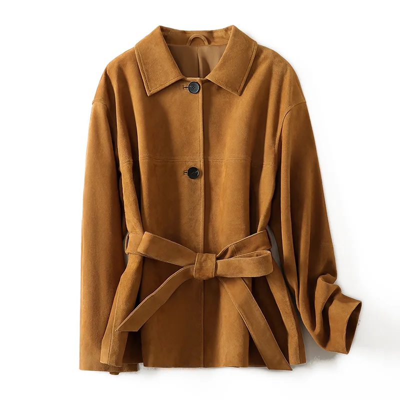 Natural Suede Jacket Autumn Women New French Elegant Retro Lapel Belt Slim Medium to Long Goatskin Suede Coat Female Ropa Mujer