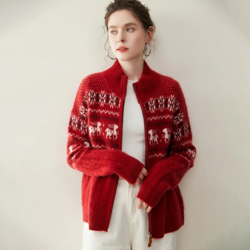 Women 100%Cashmere Cardigan Winter Vintage Deer Collar Zip Knitted Coat Autumn Thick Sweater Loose Casual Korean  Warm Outerwear