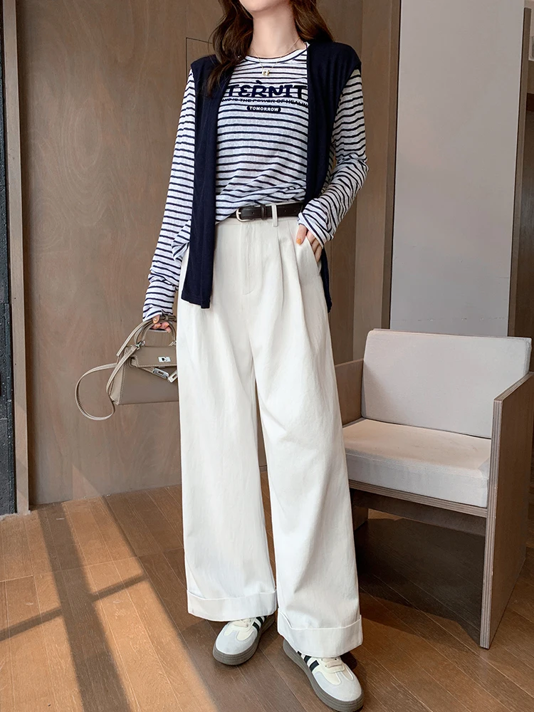 

Женские белые джинсы с высокой талией и прямыми штанинами, весна-осень, новый дизайн, утягивающие, скрывающие бедра, универсальные, широкие, укороченные брюки-кюлоты