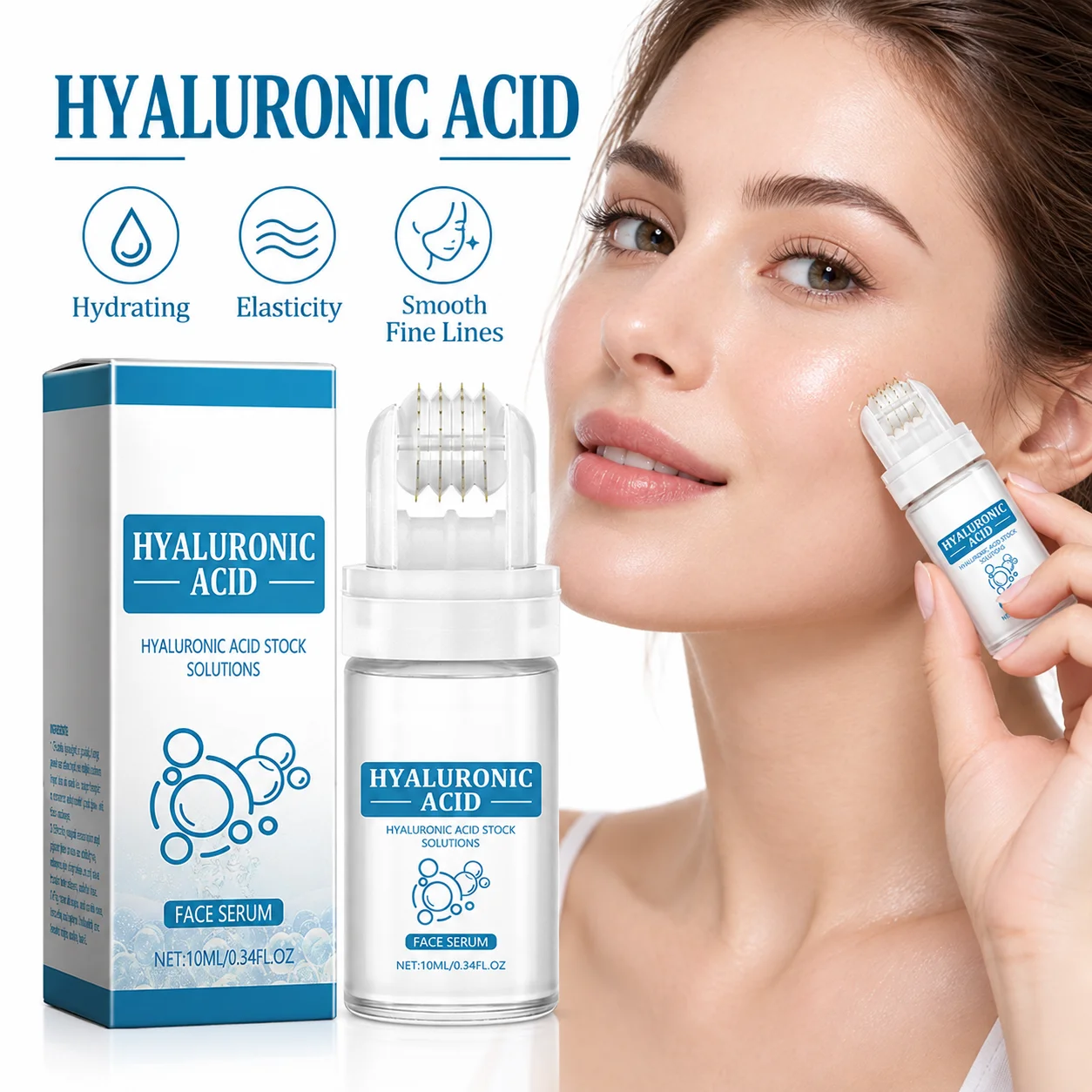 Hydrating Hyaluronic Acid Roller Serum Lightweight Face Essence Moisturizing Massage Care for Dry Dull Skin and Pores