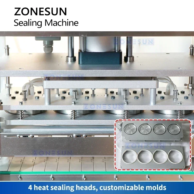 ZONESUN ZS-FKR4T Auto Jar Bottle Sealing Machine 4 Heads Film Roll Heat Press Sealer Plastic Cup Aluminum Foil Lid Packaging