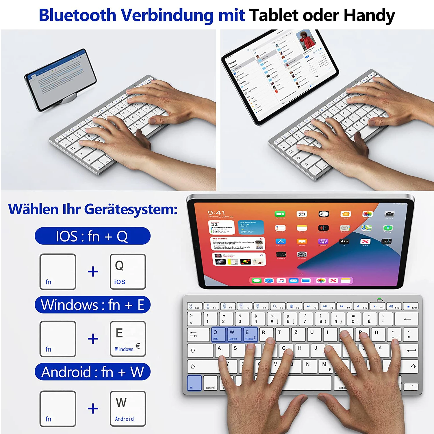 Tastiera Bluetooth con layout tedesco QWERTZ per iPad iPhone iOS Android Windows Tablet wireless portatile e tastiera per telefono cellulare