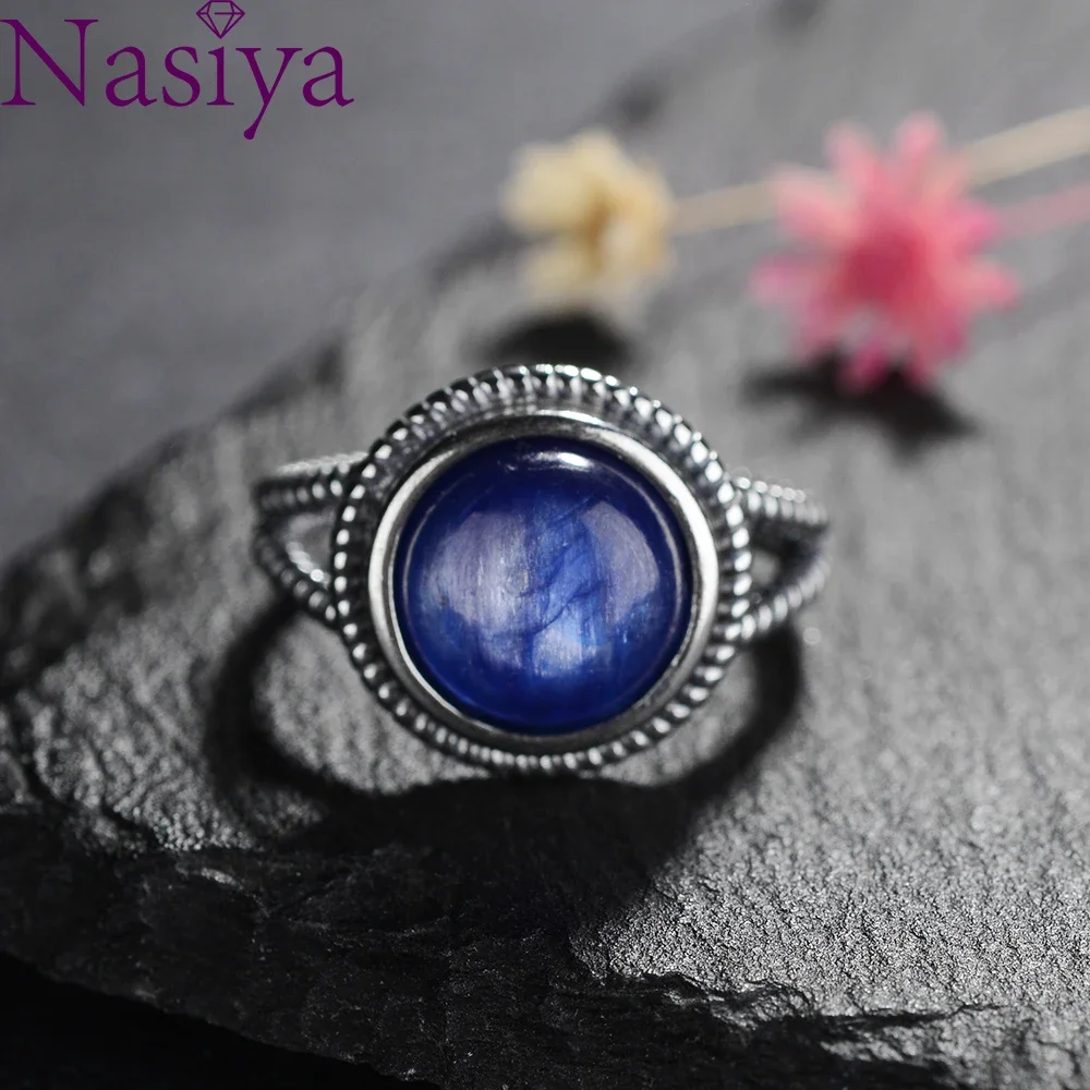 

Nasiya Vintage Natural Round 10mm Kyanite Rings for Women S925 Sterling Silver Ring Fine Jewelry Party Anniversary Birthday Gift