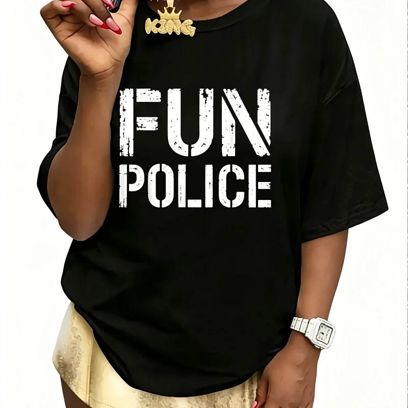 Fun Police Distressed Women's 100% Cotton T-Shirt Fun Print Short Sleeve Top Casual Round Neck Tee S-5Xl