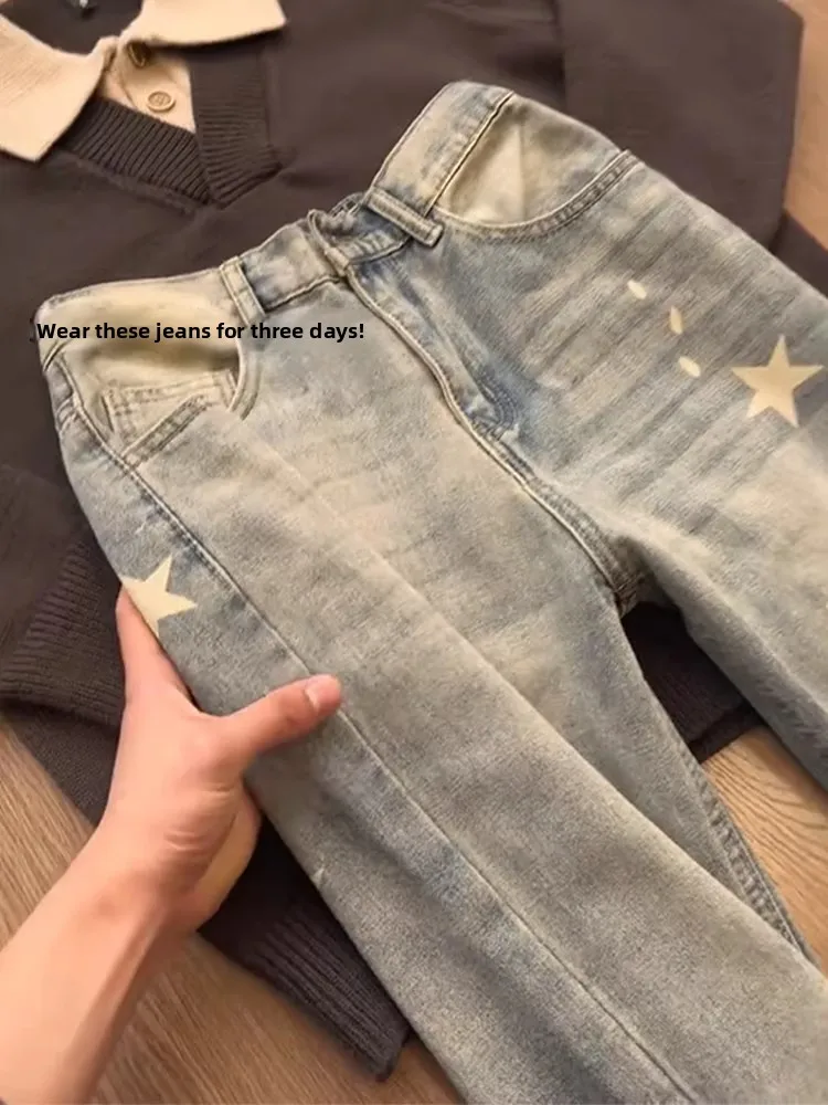 High Waist Straight Leg Men's Jeans Yellow Mud Blue Five-Pointed Star Print High Street Faion Design Cotton Polyester Blend