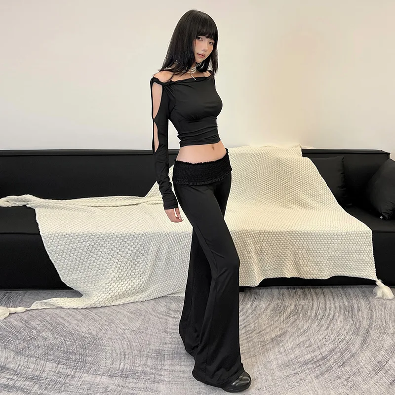 

2024 Autumn Women's Fashion Design Sense One Shoulder Long Sleeve Hollow Top High Waist Bag Hip Pants Set