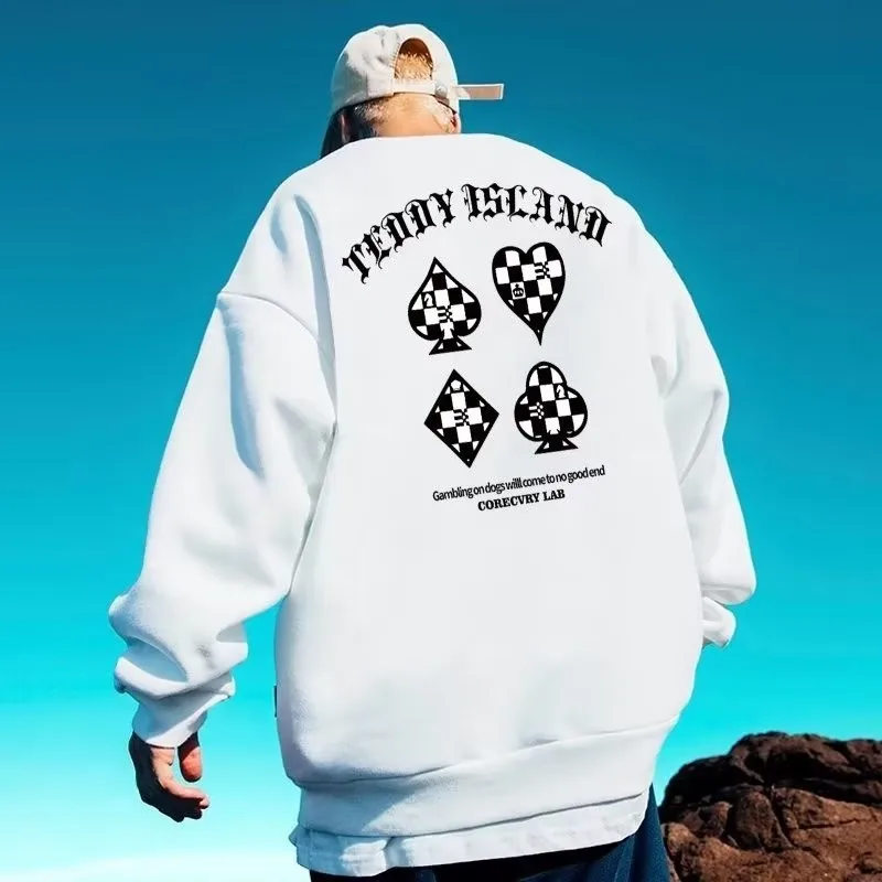M-8XL Autumn Men Oversized Sweatshirts Fashion Loose American Trendy Play Cards Print Long Sleeve Plus Velvet Couple Clothes