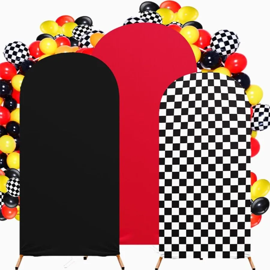 

Arch Backdrop Cover Set of 3 4/5/6FT Monster Truck Birthday Party Decorations in Black and Red Spandex Fitted Circle Car Racing