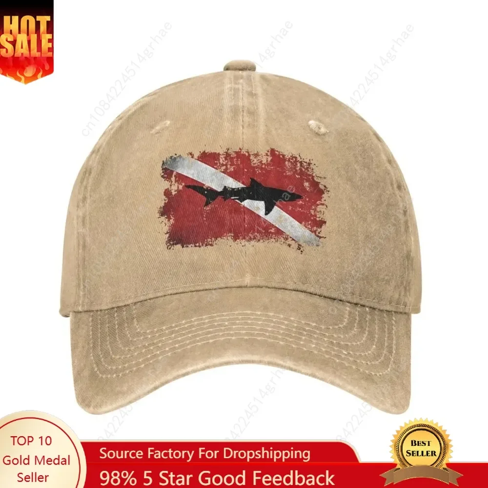 

Vintage Shark Scuba Dive Flag Retro Sports Denim Cap Adjustable Snapback Casquettes Unisex Plain Baseball Cowboy Hat