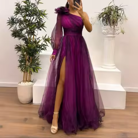 Women Evening Dress 3D Flower Decor One Shoulder Pleated Pleated Mesh Banquet Dress Single Long Sleeve Slim Waist A-line Floor L