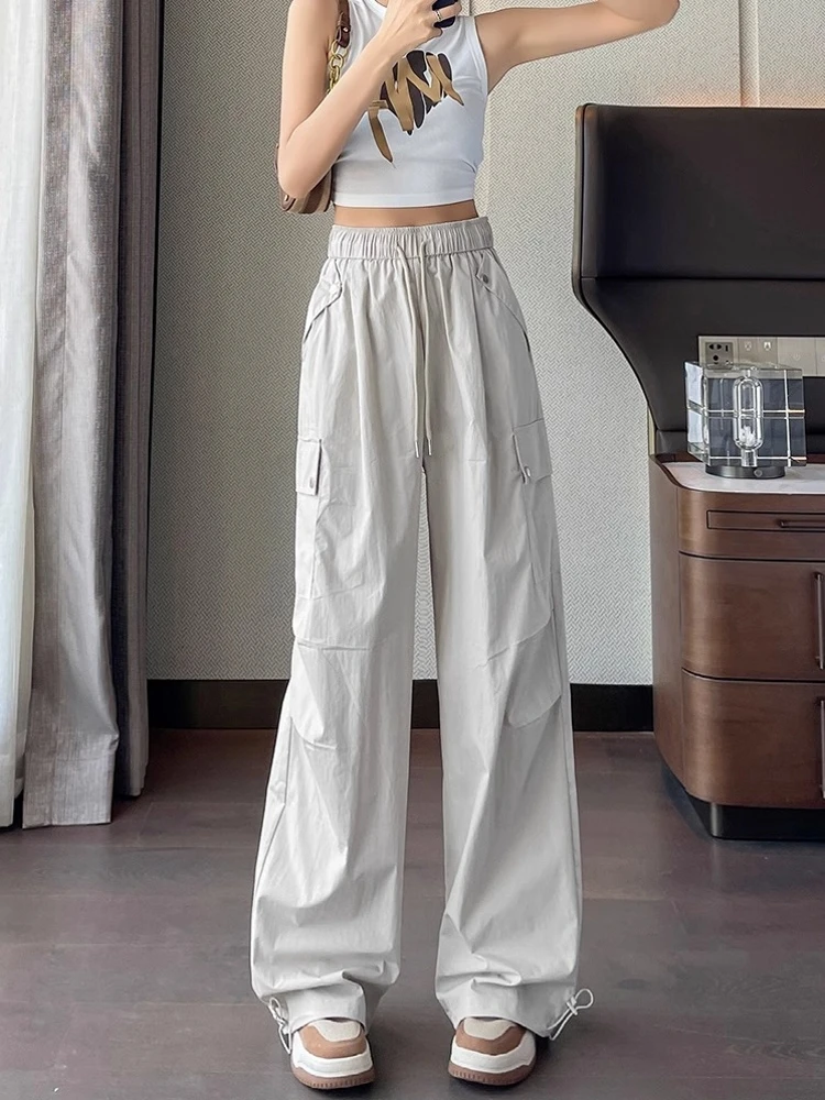 American Style Quick Dry Work Pants Women Summer Thin Loose Cuffed Wide Leg Hiking Pants Ice Silk Straight Casual Sports Pants